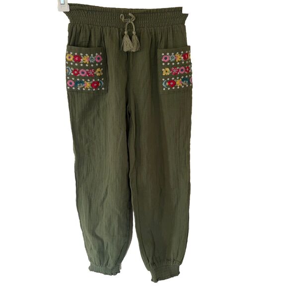 Peek Embroidered Gauze Jogger Pants Girls 12 Olive Multi Elastic Waist Pull On - Picture 4 of 11